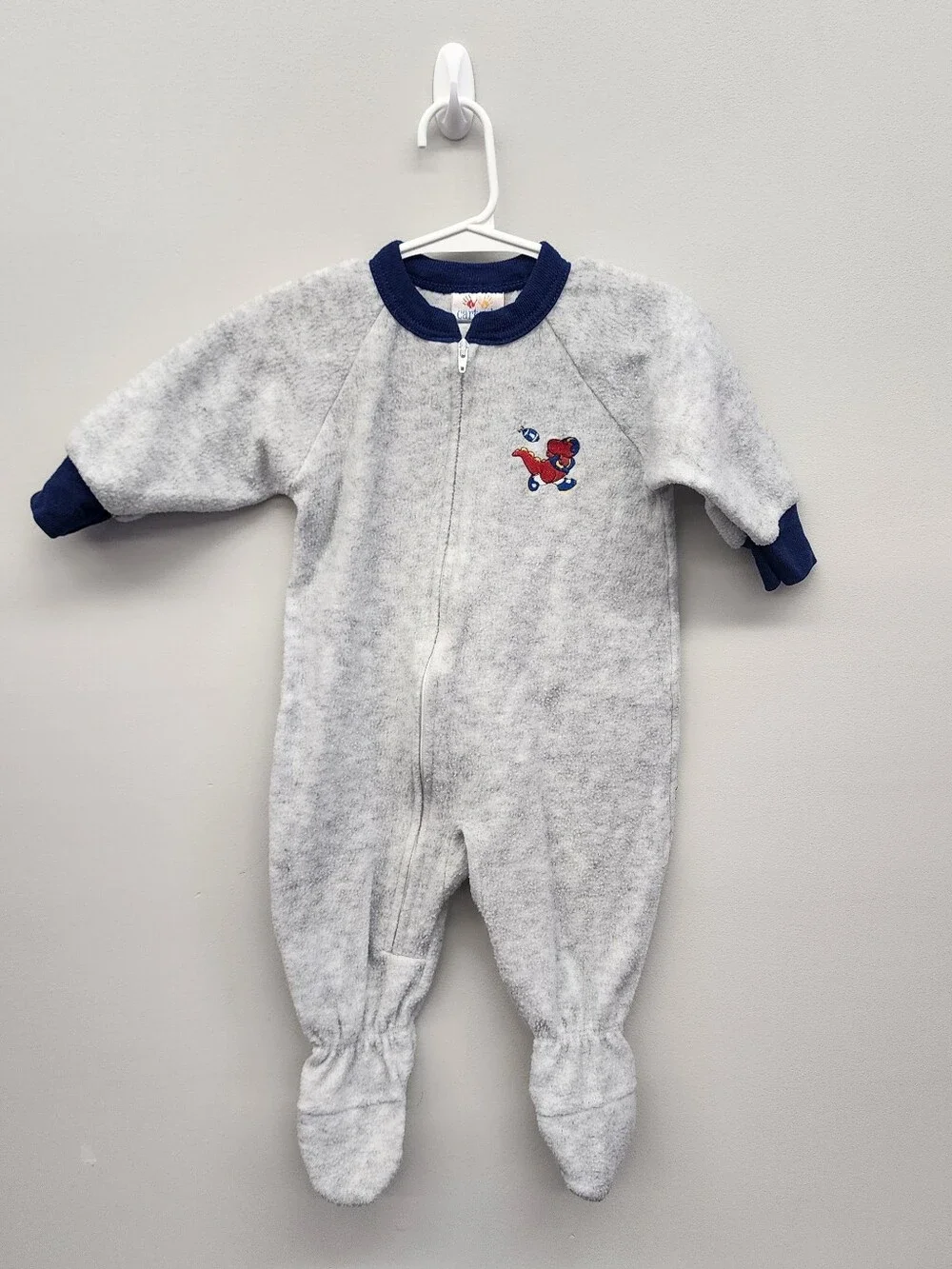 Vintage Carter’s Baby 6-12M Gray Fleece Footed Sleeper Football Dinosaur